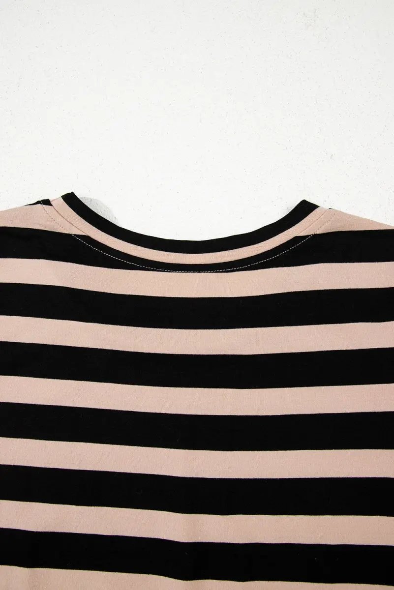 Black Stripe Casual Round Neck T-shirt Maxi Dress with Pockets - Love Salve